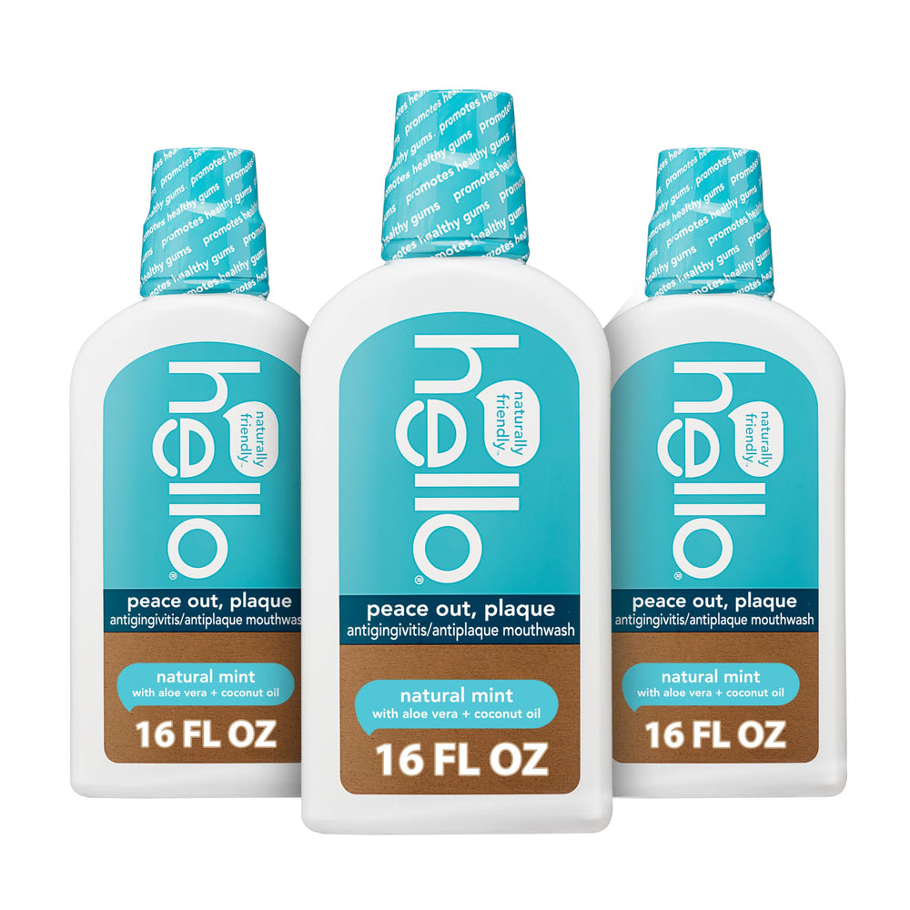 Three 16 oz bottles of Hello Peace Out Plaque Mouthwash