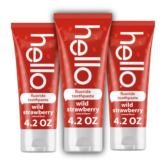 Three 4.2 oz tubes of hello Wild Strawberry Kids Toothpaste with Fluoride in a 3-pack