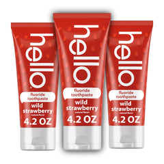 Three 4.2 oz tubes of hello Wild Strawberry Kids Toothpaste with Fluoride in a 3-pack