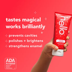 ADA Approved logo on kids toothpaste packaging with strawberry design
