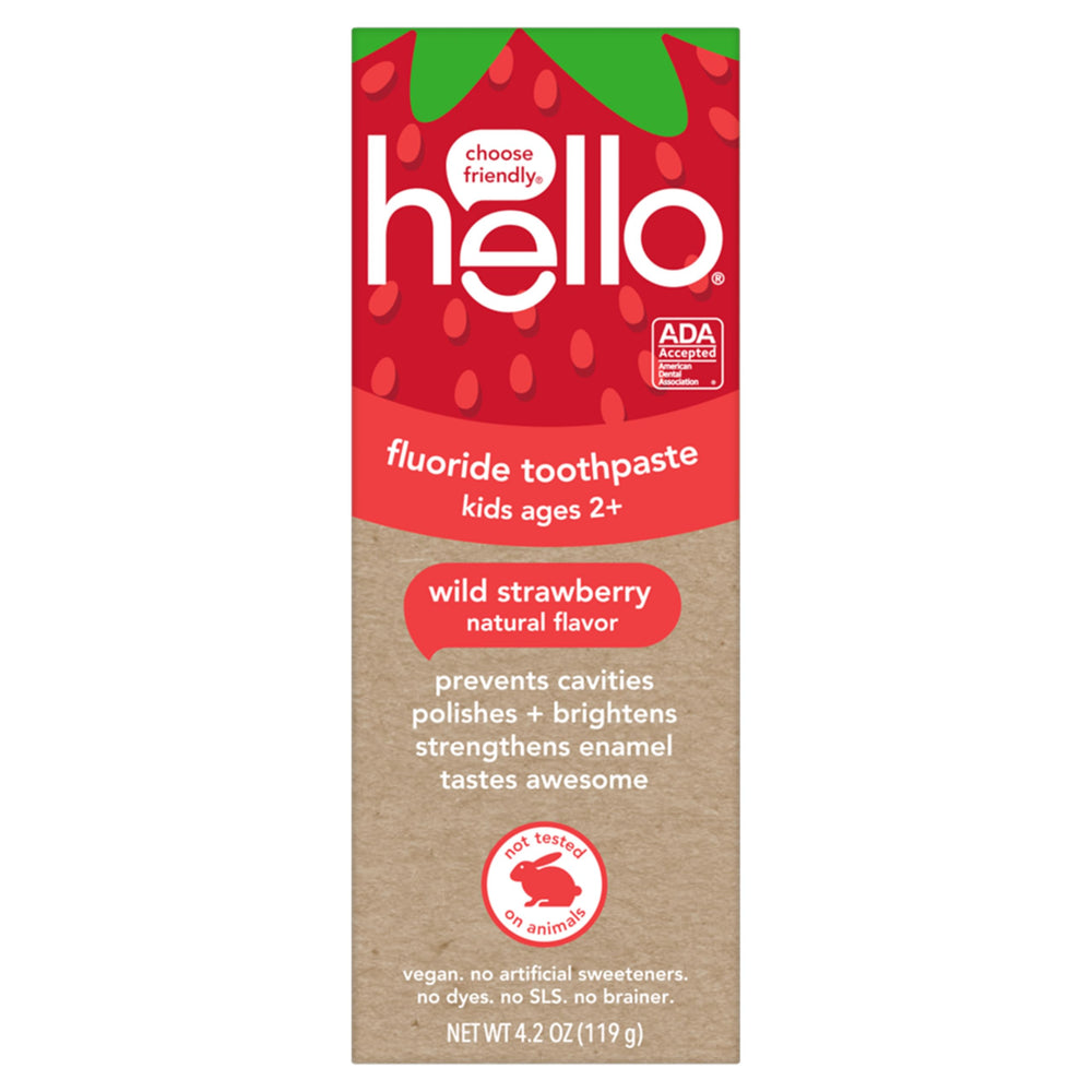 What’s in the box section showing three tubes of hello Wild Strawberry toothpaste
