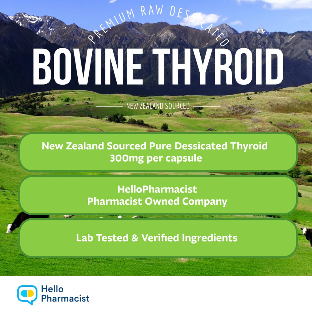 HelloPharmacist thyroid packaging emphasizes New Zealand grass-fed sourcing for high-quality support.