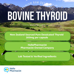 HelloPharmacist thyroid packaging emphasizes New Zealand grass-fed sourcing for high-quality support.