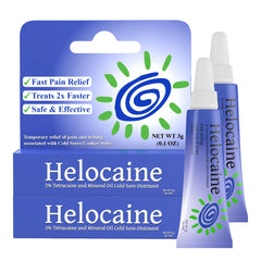 Helocaine fast-acting cold sore treatment bottle close-up for rapid pain relief