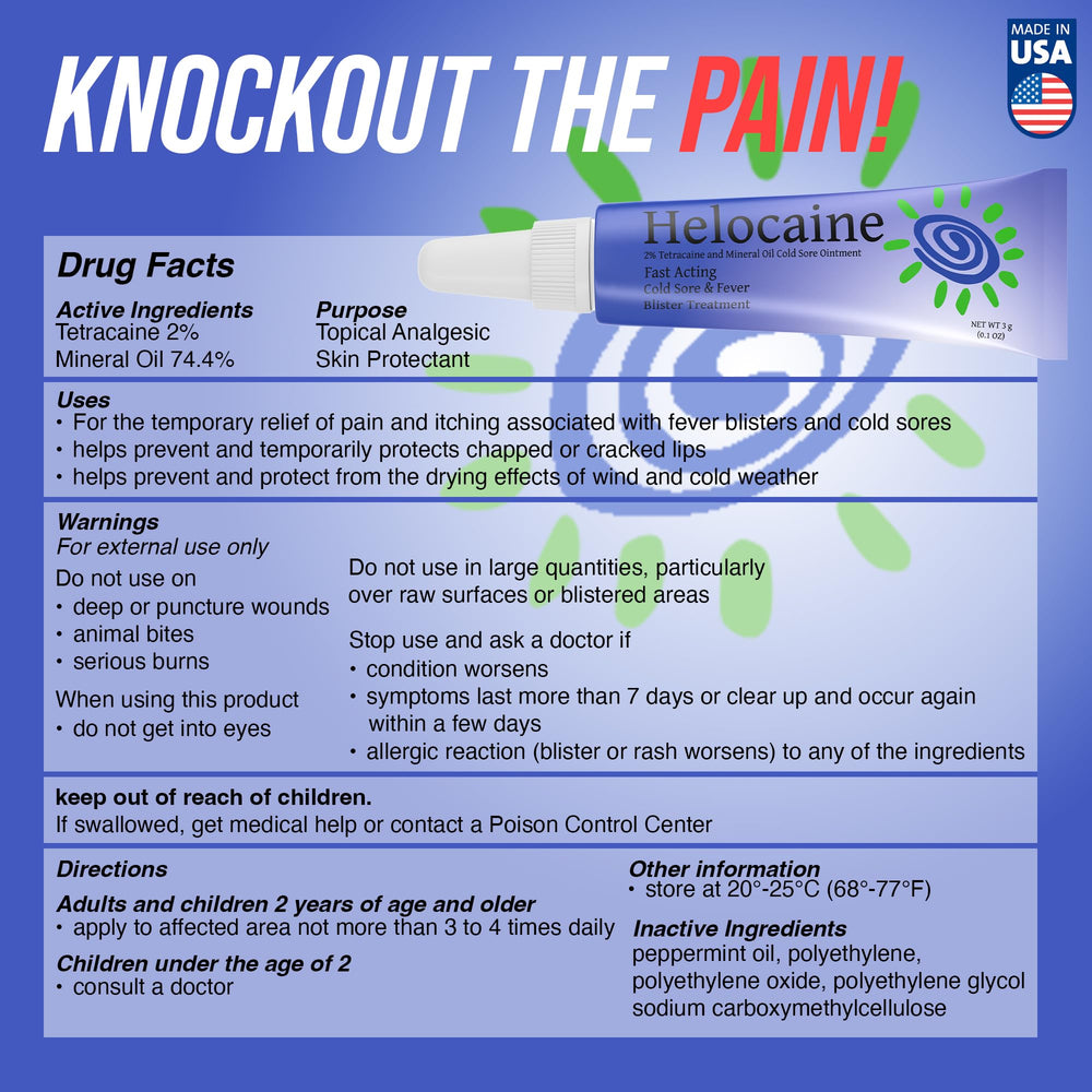 Helocaine USA-made label indicating FDA guideline compliance