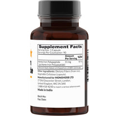 Close-up of Heme Iron Polypeptide capsules and supplement bottle