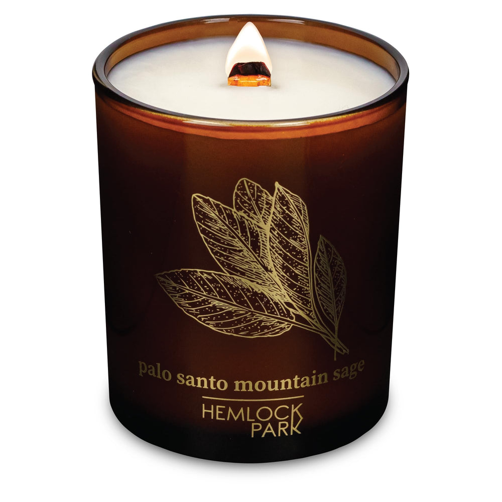 Hemlock Park Amber & Gold Wood Wick Candle in a clear glass jar, 7.2 oz