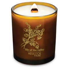 Hemlock Park Amber & Gold Wood Wick Candle, 14 oz coconut wax, Lily of the Valley scent, handcrafted in America.
