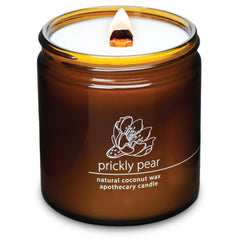 Hemlock Park 16 oz Desert Prickly Pear coconut wax candle in amber glass jar with crackling wooden wick.