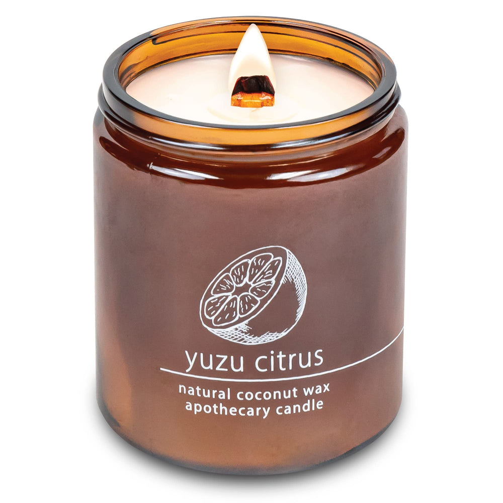 Hemlock Park candle in an amber glass jar, 8 oz, Yuzu Citrus scent.