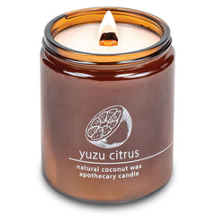 Hemlock Park candle in an amber glass jar, 8 oz, Yuzu Citrus scent.