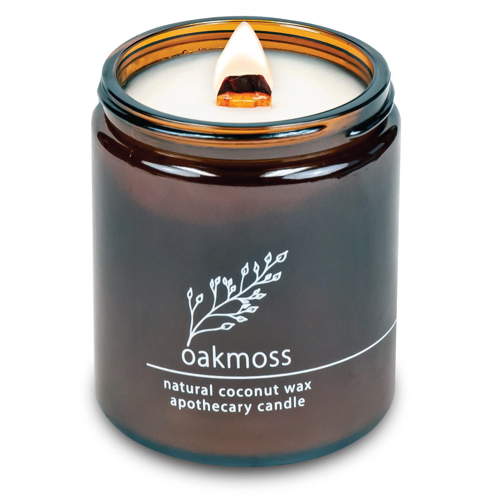 Hemlock Park 8 oz candle with crackling wooden wick in Oakmoss
