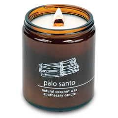 Front view of Hemlock Park crackling wood wick candle 8 oz Palo Santo
