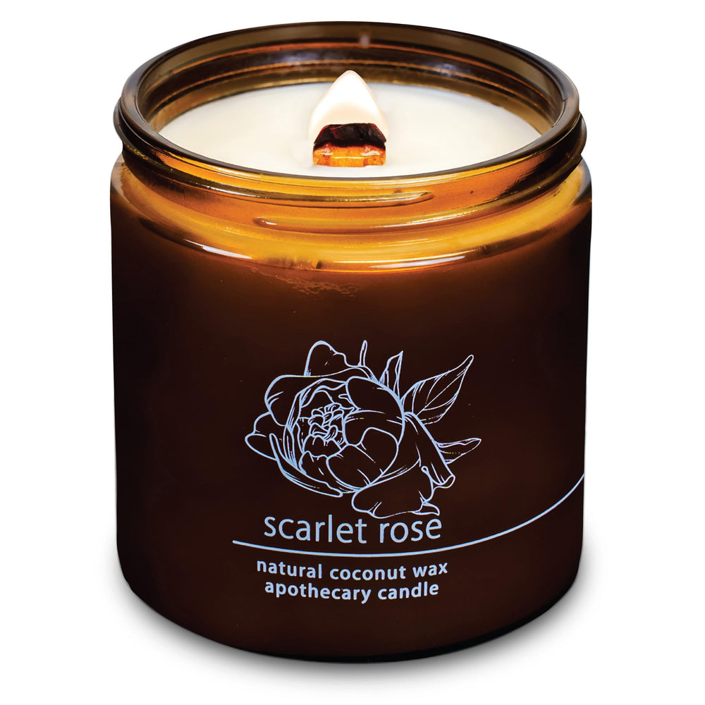 Hemlock Park crackling wood wick candle in scarlet rose scent, 16 oz, amber jar