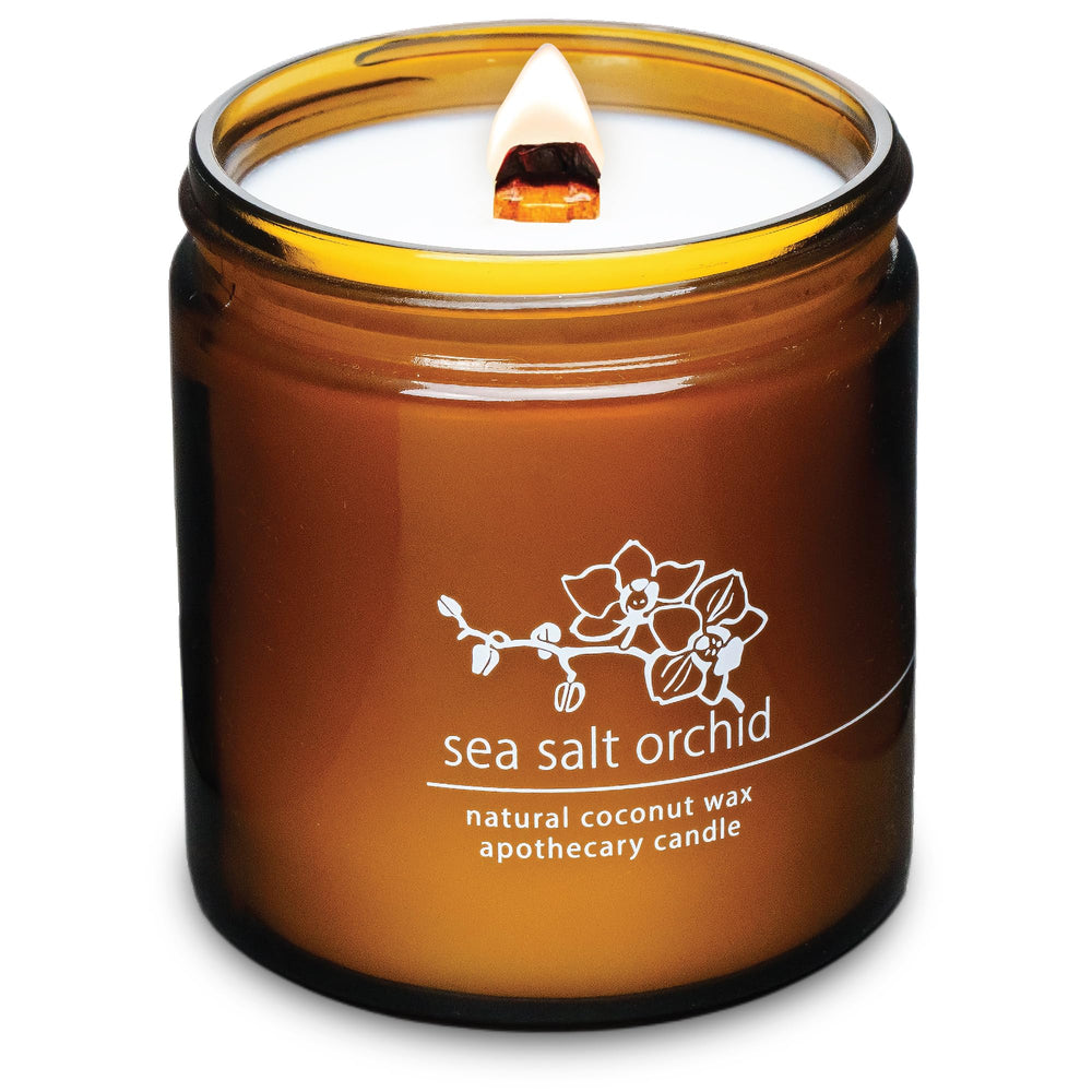 Hemlock Park crackling wood wick candle, 16 oz, Sea Salt Orchid, handcrafted in America.