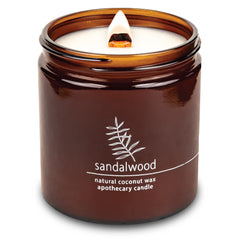 Hemlock Park crackling wood wick candle in sandalwood, front view, 16 oz