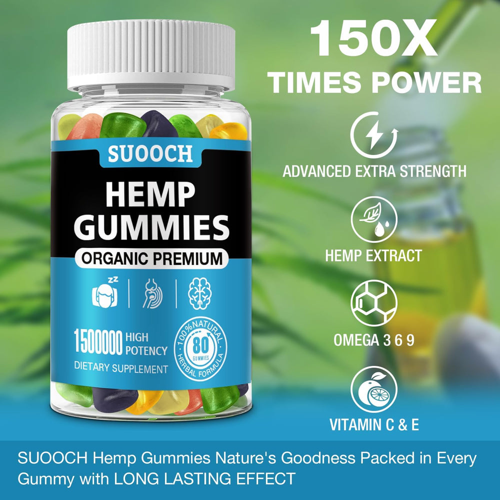 Bottle shown with four packs of hemp gummies