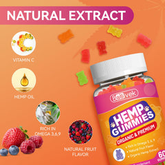 Hemp oil gummies with vegan organic ingredients and non-GMO labeling