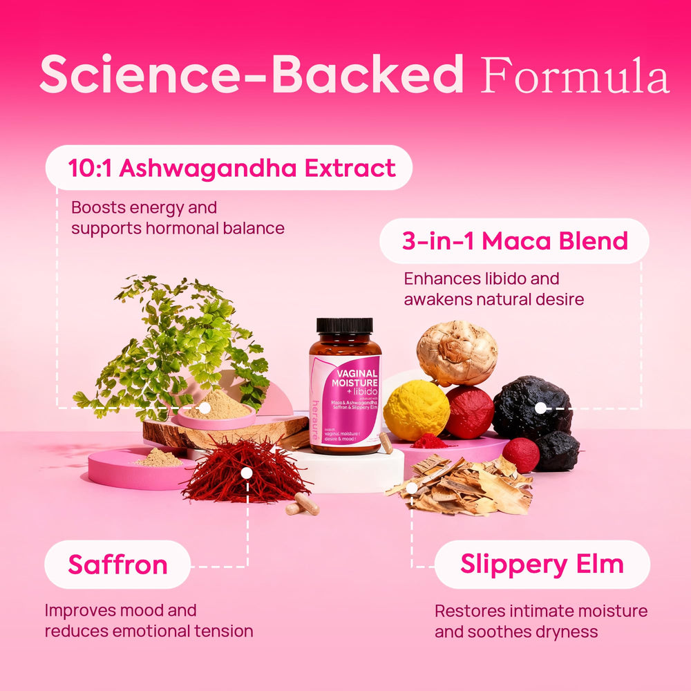 HerAuré Sea Moss-Slippery Elm blend nourishes vaginal moisture and hydration.