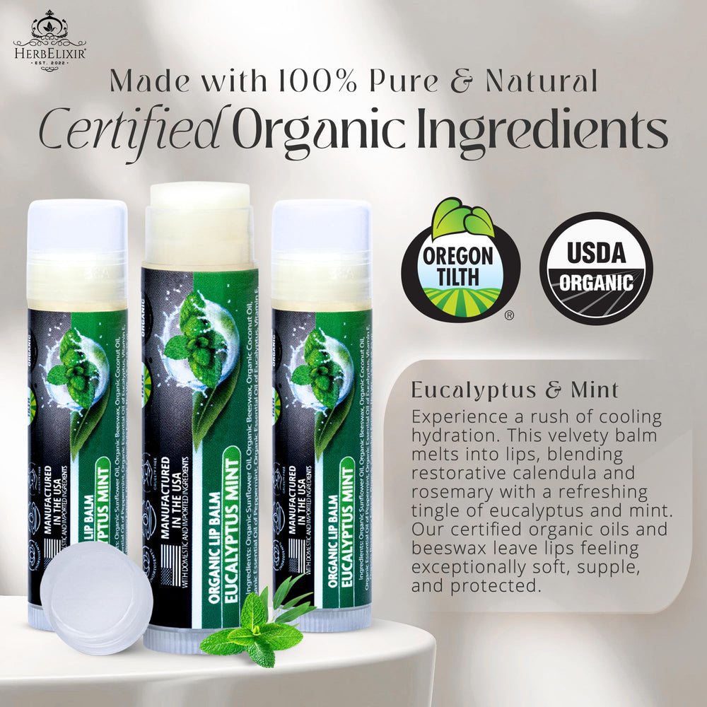 HerbElixir lip balm application close-up with cooling mint sensation.
