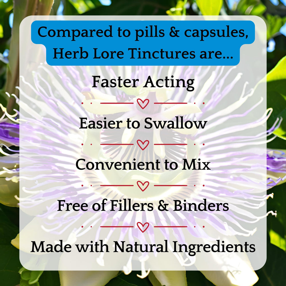 Organic herbs: Passionflower, Chamomile, Lavender, Oatstraw, Skullcap