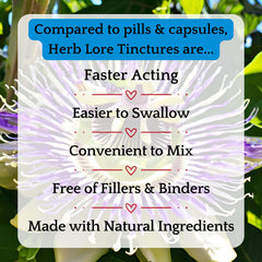 Organic herbs: Passionflower, Chamomile, Lavender, Oatstraw, Skullcap