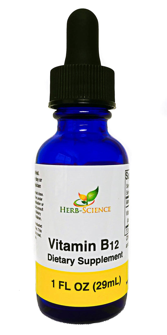 Herb-Science Liquid Vitamin B12 bottle with cold-pressed cyanocobalamin (1 oz)