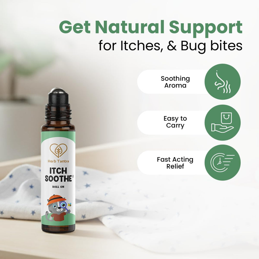 Herb Tantra Itch Soothe Roll On closeup label highlights natural essential oils.