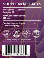 Back/label showing ingredients and Thyme (Thymus vulgaris) dried leaf
