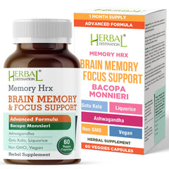 Herbal Destination Memory Hrx bottle with 60 vegetarian capsules on white background