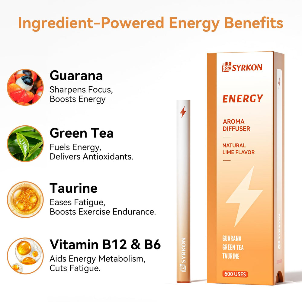 Pen-shaped energy diffuser with ingredient icons