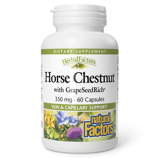 Front label of HerbalFactors by Natural Factors bottle showing Horse Chestnut and Grape Seed