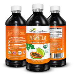 Herbal Goodness Papaya Leaf Extract label closeup highlighting organic, kosher quality.