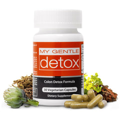 Herbal Nitro My Gentle Detox bottle on shelf suggesting overnight relief potential.