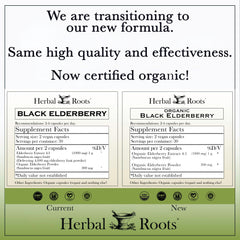 Back label of Herbal Roots Black Elderberry Capsules bottle showing nutrition facts