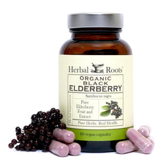 Front view of Herbal Roots Black Elderberry Capsules bottle