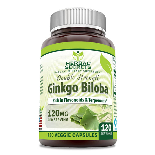 Bottle label for Herbal Secrets Ginkgo Biloba Double Strength 120 Mg
