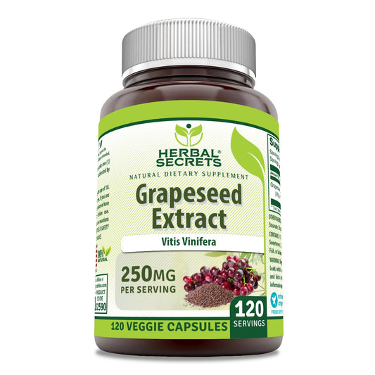 Front view of Herbal Secrets Grapeseed Extract supplement bottle showing 250 mg per serving