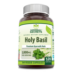 Herbal Secrets Holy Basil supplement bottle - 1000 mg per serving, 240 veggie capsules.