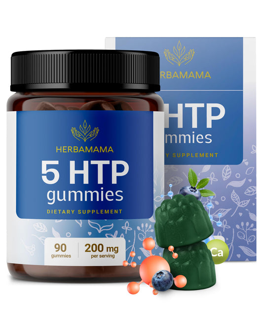 Front of Herbamama 5-HTP Gummies blueberry flavor bottle