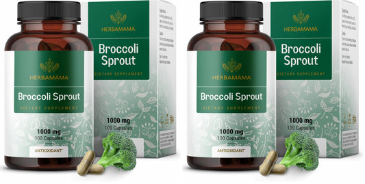 Front view of HERBAMAMA Broccoli Sprouts Capsules bottle