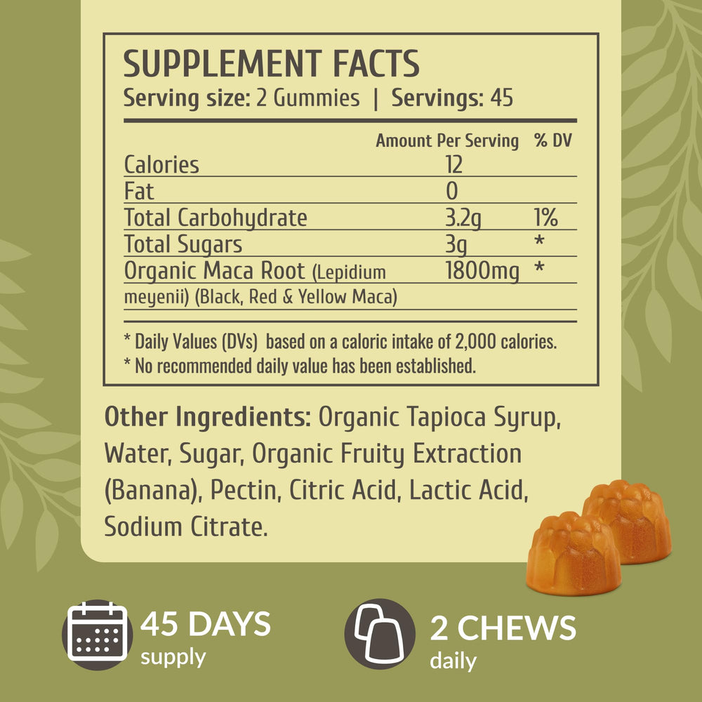 Close-up of maca gummies texture showing soft, chewy consistency