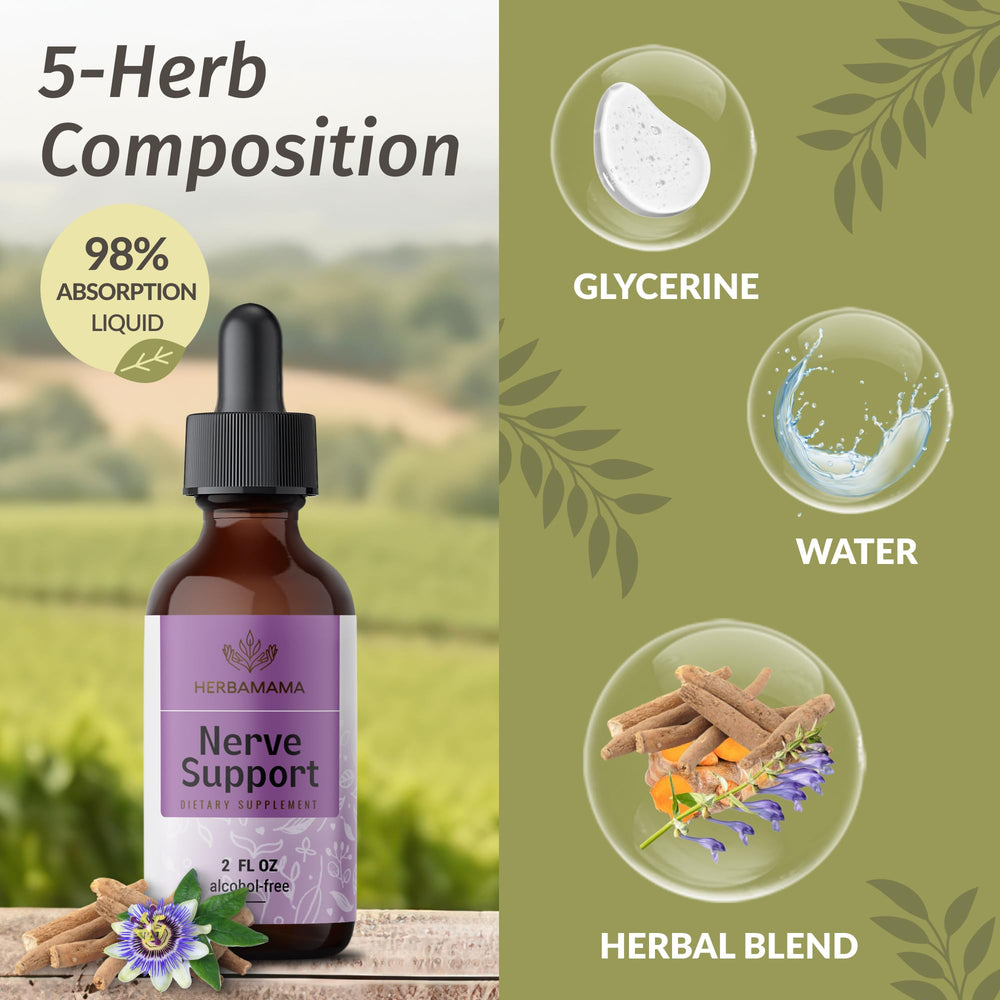 Five-herb blend highlights: Bacopa, Ashwagandha, Passion Flower, Skullcap, Turmeric