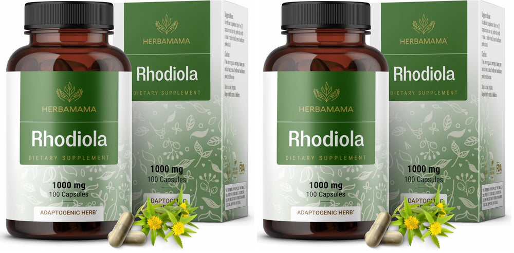 Herbamama Rhodiola Rosea capsules bottle with label on white background
