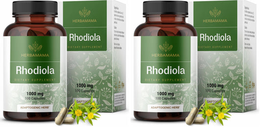 Herbamama Rhodiola Rosea capsules bottle with label on white background
