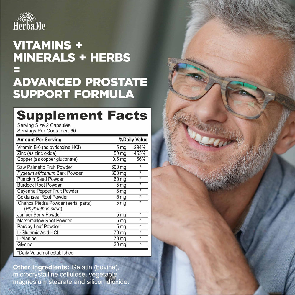 Close-up of ingredients including Saw Palmetto, Pygeum Bark, and Pumpkin Seed