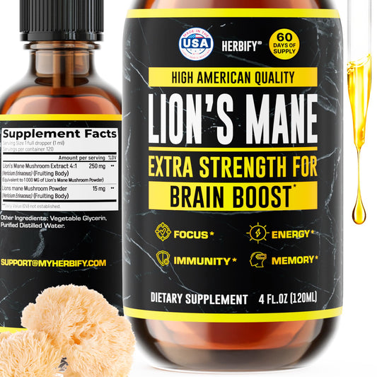 HERBIFY Lions Mane supplement bottle with dropper - 4 oz