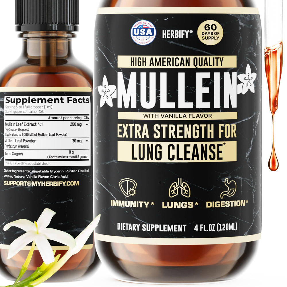HERBIFY Mullein Drops bottle shows vanilla flavor for breathing support.