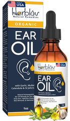 Herblov ear oil bottle label highlights organic ingredients for natural ear care and soothing comfort.