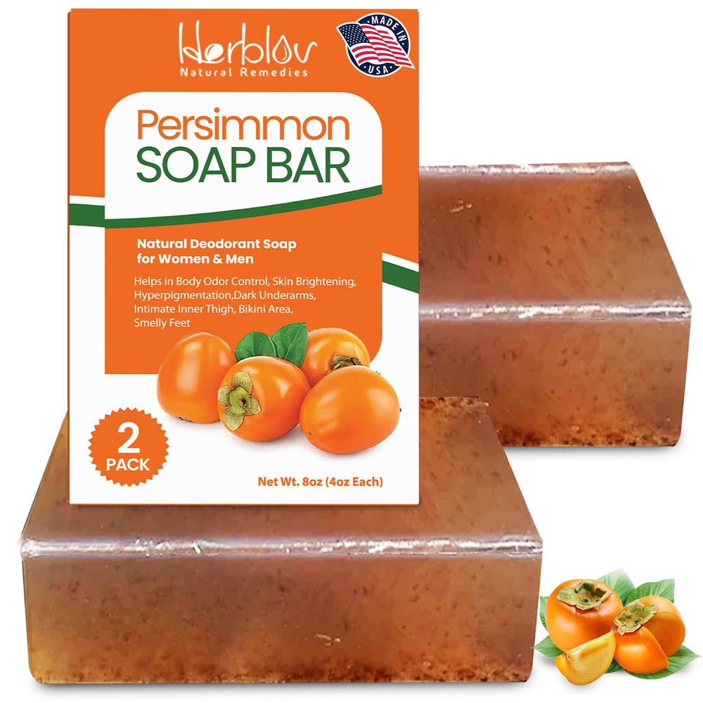 Herblov Persimmon soap bar close-up showing texture; odor control and brightening benefits.